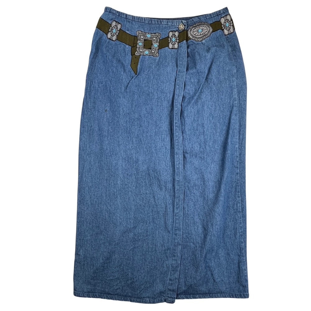 Vintage 90s Cambridge Dry Goods Denim Wrap Maxi Skirt Western Concho Belt SZ 12